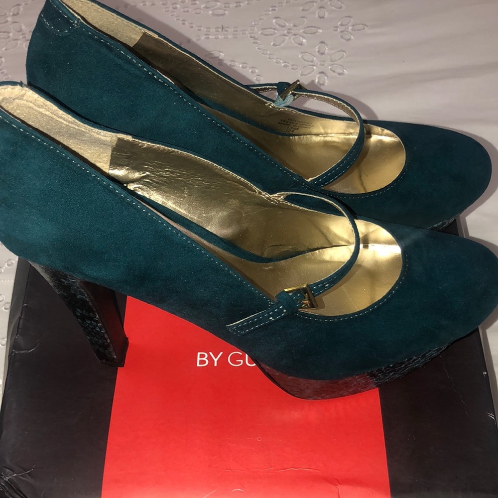 GUESS Platform Teal Microsuede with Snakeskin Print Heel.